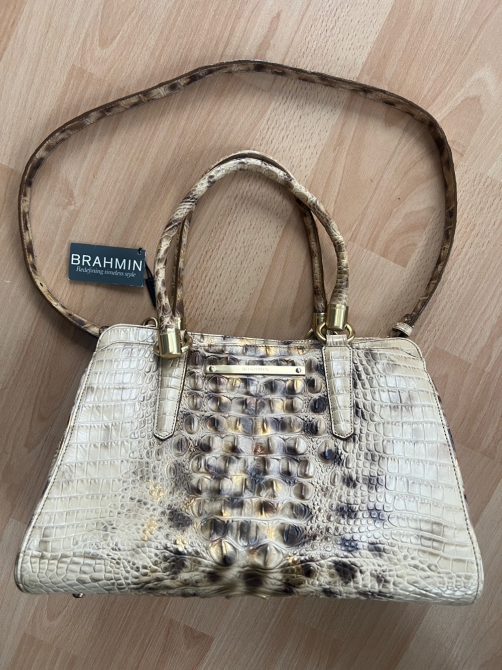 Brahmin Cream and Brown Croc-Embossed Top-Handle Satchel